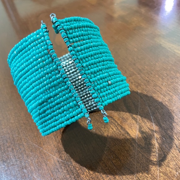 Turquoise and Silver Beaded Wide Bracelet Cuff - Picture 4 of 5